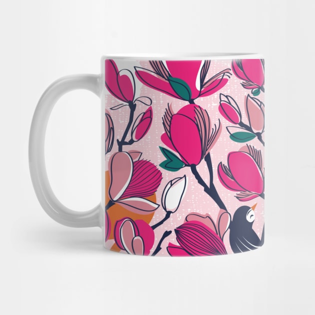 Hello Spring! // pattern // pastel pink background orange tabby cat fuchsia pink Magnolia full bloom navy blue branches birds and lines by SelmaCardoso